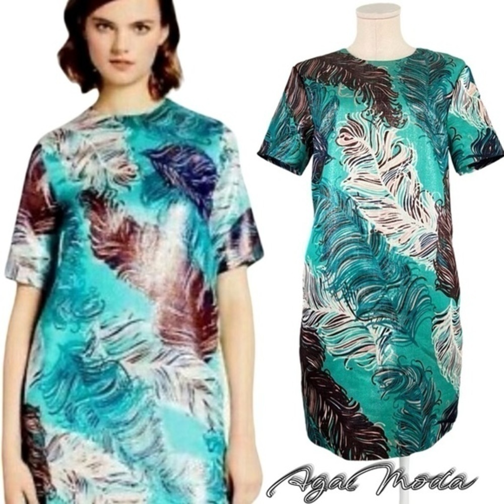 Kate Spade Regal Plumes Feather Print Shift Teal with Platinum Sheen Mini Dress